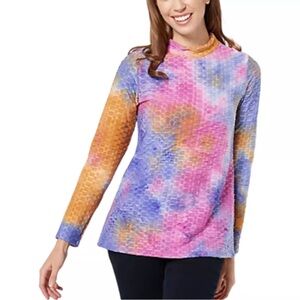 NWT. Boho LOGO By Lori Goldstein Medium Tie-Dye Textured Knit Mock Neck Top.